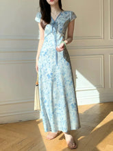 Sweet Blue Print Long Dress Women Slim Vintage V Neck Elegant Dress Casual French Retro Lace Up Female Soft Vestidos New voguable