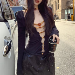 Voguable Streetwear Backless Wooden Beaded Sexy Long-sleeved T-shirt Women 2024 Summer New Off-the-shoulder Solid Color All Match Tops voguable