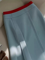 Bomon Y2K blue and red color contrast baseball slant skirt women 2024 new pre-fall fashion design high-waisted mid-long skirt voguable