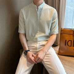 New Fashion Striped Stand Collar Men Shirts Luxury Casual Textured Half Sleeve Cardigan Tops Summer Business Slim-fit Blouse voguable