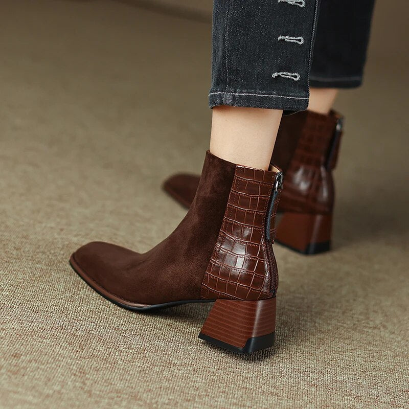 NEW Fall Shoes Women Sheep Suede Short Boots Square Toe Chunky Heel Boots for Women Winter Mature Women Boots Solid Modern Boots voguable
