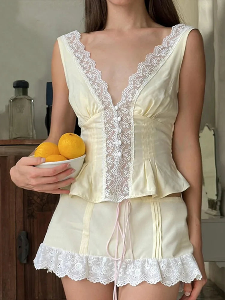 Lace Sexy Two Piece Sets Women Deep V Neck Sleeveless Crop Tops And Mini Skirt Matching Sets Elegant 2 Piece Sets voguable