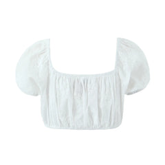 Voguable 2024 Sexy Corset White Embroidery Flower Ruched Chest Elastic Shoulder Crop Top Women Short Puff Sleeve Tanks Top High Waist tee voguable