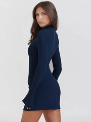 Elegant Dark Blue Solid High Waist Mini Dress Women Fashion Pocket decora Long Sleeve Bodycon Dresses Chic Party Club Robes voguable