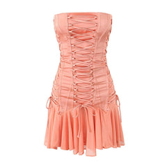 Sexy Women Lace Up Bandage Strapless Dresses Summer Female Irregular Hem Party Mini Dress Holiday Robe