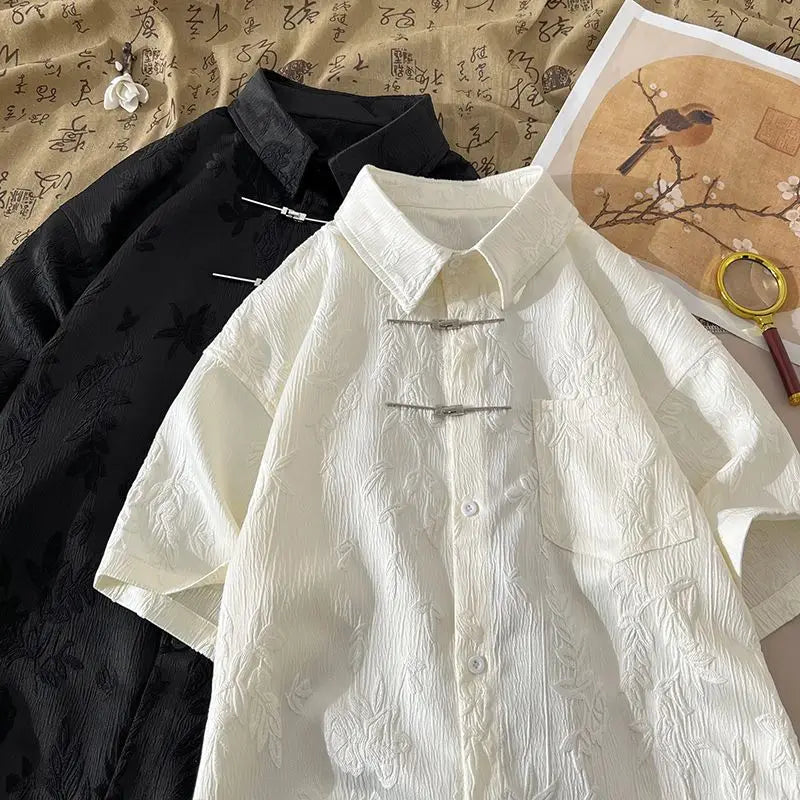 Summer Short-sleeved Shirt Men's New Chinese Men's National Trend Shirt Loose Large Size Metal Button Couple's Top Aesthetic voguable