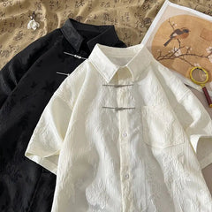 Summer Short-sleeved Shirt Men's New Chinese Men's National Trend Shirt Loose Large Size Metal Button Couple's Top Aesthetic voguable