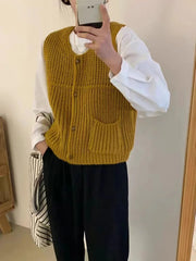 Chunky Knit Sweater Vest for Women Button Up Sleeveless Knit Top with Front Pockets Korean Ladies Casual Chic Outfit voguable