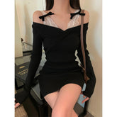 Voguable Slash Neck Black Knitted Mini Dress Women Y2K Sexy Bow Lace Red Sweater Dresses Winter Vintage Long Sleeve Bodycon Vestidos New voguable