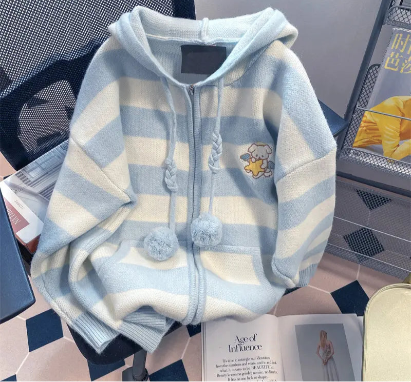 Spring Autumn Casual Cartoon Embroidery Striped Hooded Sweater Women Sweet Knitted Cardigan Coat Japanese Girls Loose Knitwear voguable