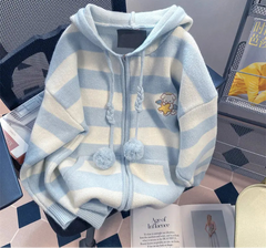 Spring Autumn Casual Cartoon Embroidery Striped Hooded Sweater Women Sweet Knitted Cardigan Coat Japanese Girls Loose Knitwear voguable