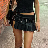 Voguable Sexy Pu Leather A-line Pleated Mini Skirt Black Dropped Waist Slit Super-short Skirts With Belt Women Punk Streetwear voguable