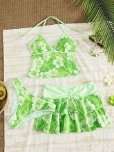 Voguable Women Floral 3 Piece Tankini Set Halter Neck Tank Top Bikini Brief Drawstring Tiered Ruffle Swim Skirt Tropical Beach Swimwear voguable
