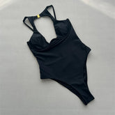Voguable Solid Black Backless Hollow Out Swimwear Push Up One Piece Sexy Swimsuit Women High Cut Bathing Suit Swimming Wear Monokini voguable