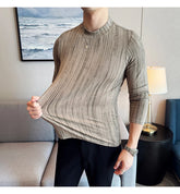 Cotton Striped T Shirt Gradient Mock Neck Men Slim Fit Tshirt Male Office Business T shirts Man Casual Long Sleeve Top Tees