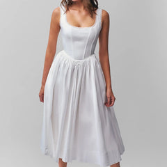 Elegant Women Sexy Backless O Neck White Tank Dress Pleated Swing Hem A-line Midi Summer Dress Lace Up Sundress Holiday voguable