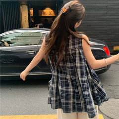 Japanese Sweet Plaid Shirt Women Summer Chic Patchwork Sleeveless Blouse Female New Loose Streetwear All Match O Neck Tops voguable