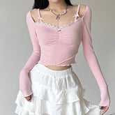 Voguable Sweet Lace Stitching V-neck Skinny Top Pink Coquette Aesthetic Slim-fit Long Sleeve Knitted T-shirts Cute Casual Tees voguable