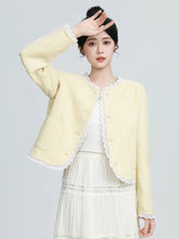 Sweet Yellow Tweed Jackets Women Vintage Lace Patchwork Elegant Short Coat French Retro Casual O Neck Long Sleeve Fall Outwear voguable
