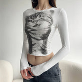 Kawaii Animal Print Cropped Top White Long Sleeve Slim-fitting T Shirt Women Casual Basic Elastic Tees y2k Aesthetic Lady voguable