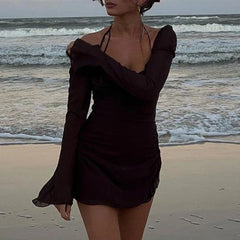 Y2K Fairycore Mesh Halter Dress Chic Women Flare Sleeve Side Drawstring Ruched Mini Dress Elegant Lady Beach Holiday Club Party voguable