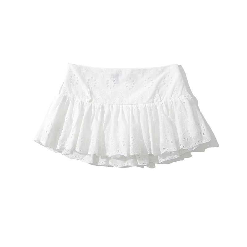 Cool Girl Hollow Out Embroidery White Mini Skirt For Women Sexy Low Waist Summer Skirts With Shorts Lining