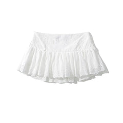 Cool Girl Hollow Out Embroidery White Mini Skirt For Women Sexy Low Waist Summer Skirts With Shorts Lining