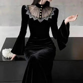 Voguable Women Black Chic Long Dress Elegant Stand Collar Flare Sleeve Slim Fit Dresses Autumn Winter Patchwork Button Fashion Vestidos voguable