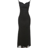 Fashion Polka Dot Print Maxi Dress Women Bandage Backless v-Neck Mesh Elegant Simple Temperament Casual Street Vestidos voguable