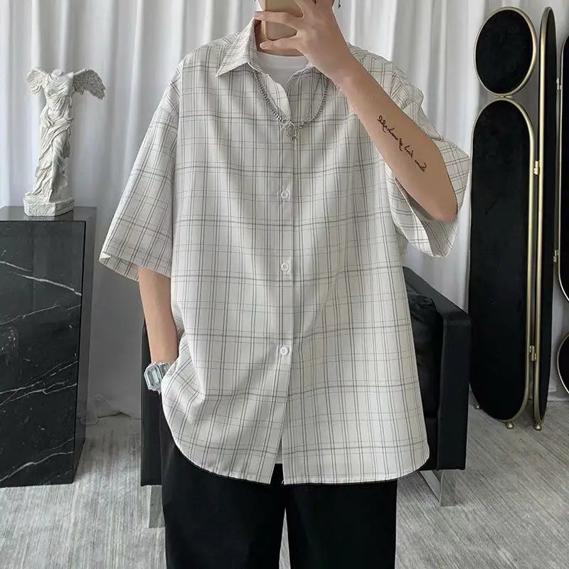 Korean Style Loose and Versatile Plaid Five-point Sleeve Shirt voguable