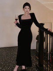 Elegant Solid Velvet Mermaid Dress for Women New Vintage Chic Square Collar Bodycon Evening Party Dresses Female Slim Vestidos voguable