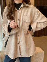 Voguable Casual Women Corduroy Shirts Fashion Pockets Long Sleeve Spring Ladies Tops Solid Korean Loose Button Up Shirts voguable