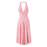 Sexy Backless Pink Halter Dress For Women Sleeveless A-line Midi Party Dresses Summer Robe