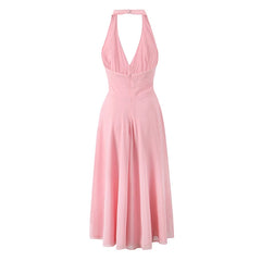 Sexy Backless Pink Halter Dress For Women Sleeveless A-line Midi Party Dresses Summer Robe