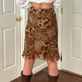 Vintage y2k Leopard Print Midi Skirt Women Low Rise Patchwork Straight Long Skirts 2000s Aesthetic Ladies Clothing Casual voguable
