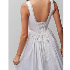 Elegant Women Sexy Backless O Neck White Tank Dress Pleated Swing Hem A-line Midi Summer Dress Lace Up Sundress Holiday voguable