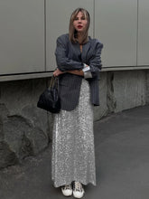 Silver Sequins Long Skirt For Women Summer High Wasit Slim Skirts Femme Sexy Crop Tops Party Flash Faldas Ajustadas Woman voguable