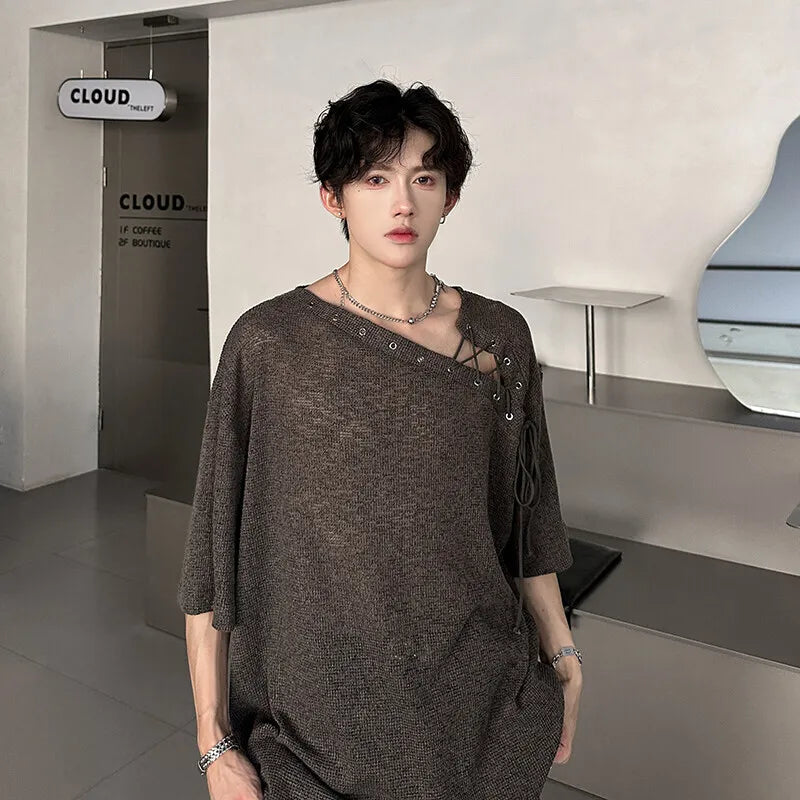 Korean Style Men's T-shirts Short Sleeve Casual Lace-up Design Solid Color Tees Hollow Out Loose Male Tops Summer 9W3719 voguable