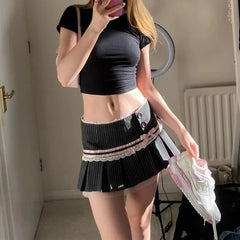 TARUXY Lace Splice Mini Skirts For Women Bow Bandage Fashion Folds Skirt Hot Girls Winter Casual Lace-up High Waist Skirt Ladies voguable