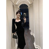Voguable Vintage Black Velvet Midi Dress Women Elegant Party Diamond Pearl Mermaid Dresses Winter Korean Long Sleeve Bodycon Vestidos New voguable
