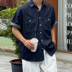 Voguable Men's Denim Shirt 2024 Summer New Loose Trend Versatile Lapel Short Sleeve Design Single Breasted Double Pockets Top voguable