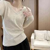 Voguable V-neck Right Shoulder T-shirt Slimming Hot Girl Long-sleeved Top Women Spring Autumn Bottoming Women voguable