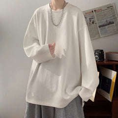 White Long Sleeved T-shirt Men Oversized Casual Round Neck T Shirt Men Streetwear Korean Loose Pleated T Shirt Mens Top M-3XL voguable