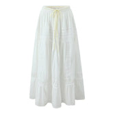 Women French Style Romantic Spliced Lace White Long Skirt Ribbon Elastic Waist A-line Summer Skirts Holiday