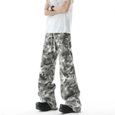 Men Camouflage Loose Fit Jeans Elastic Drawstring Waist Frayed Hem Streetwear Trendy Comfortable Stylish Denim Urban Fashion voguable