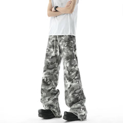 Men Camouflage Loose Fit Jeans Elastic Drawstring Waist Frayed Hem Streetwear Trendy Comfortable Stylish Denim Urban Fashion voguable