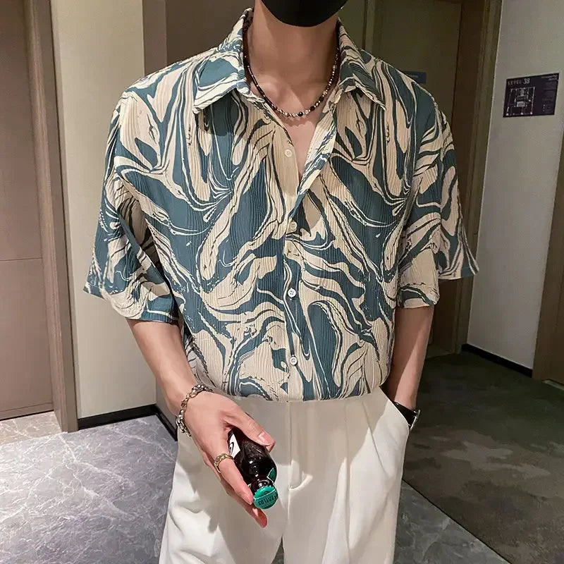 Japanese Summer Ice Silk Flower Shirt for Men Short Sleeve Loose Casual Harajuku Oversized 2023 New Thin Hawaiian Shirt Men voguable