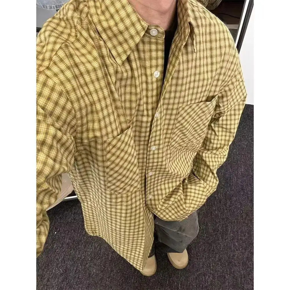American Retro Yellow Plaid Shirt Men Women Spring and Autumn Korean Casual Loose Sun Protection Thin Couple Fashion Trend Shirt voguable
