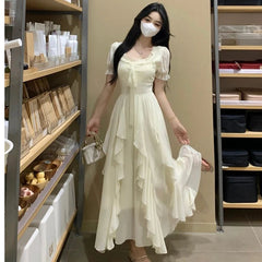 Voguable French Square Collar Ruffled Fairy Apricot Dress Women Summer Slimming Belly Covering Seaside Holiday Chiffon Long Dresses voguable