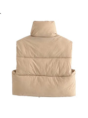 Women Fashion Adjustable Hem Zip-up Crop Padded Waistcoat Vintage High Neck Sleeveless Female Outerwear Chic Vest Tops voguable